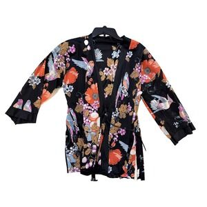 Vintage Sears 70s Floral Bird Print Robe Kimono SM Cottagecore Bohemian USA